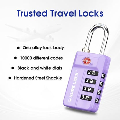 SURE LOCK TSA-Approved 4-Digit Resettable Combination Luggage Lock with Open Alert, Easy-Read Dials - for Luggage, School Lockers, Gym, Office, Toolbox & Security Cases (Purple 2 Pack) - color: PURPLE 2PACK