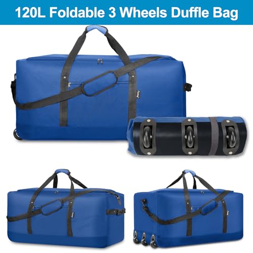 Finnhomy 120L Foldable Rolling Duffel Bag with 3 Wheels, Light Weight Travel Duffel bag with Large Loading Capacity, 32'' Rolling Duffel bag with Shoulder Strap - color: Blue