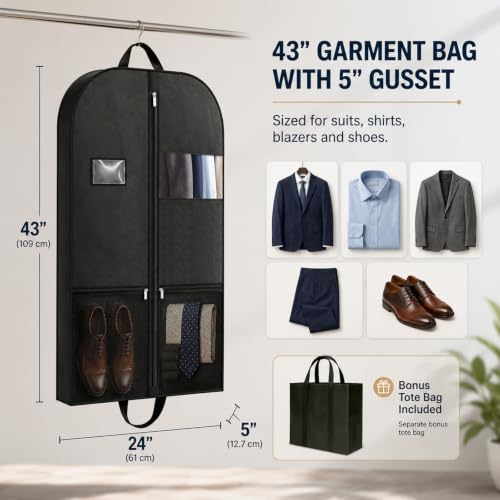 Breathable Garment Bag for Hanging Clothes with Clear Window and Zipper - size: V-GB-43in-1P-US1