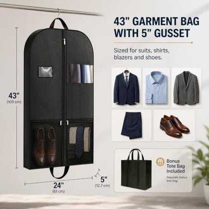 Breathable Garment Bag for Hanging Clothes with Clear Window and Zipper - size: V-GB-43in-1P-US1