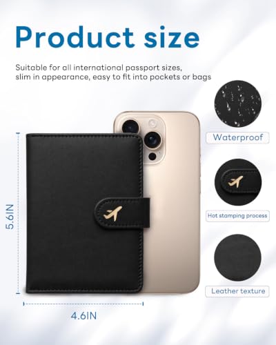 RFID Passport Holder with Tracker Slot, Leather Travel Wallet - color: Black