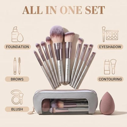 Travel Makeup Brush Set with Case & Sponge for Foundation Powder Blush 14 - color: Champagne