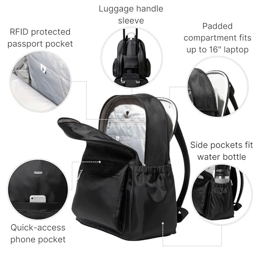Baggallini Essential Laptop Backpack - 16x12 Inch Travel Backpack with 16" Laptop Sleeve - Lightweight Luggage Backpack - color: Black