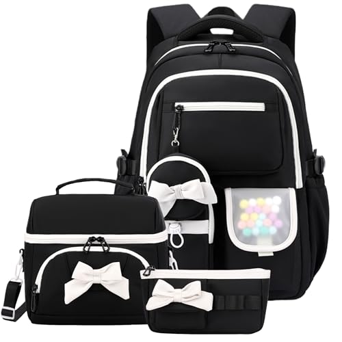 Bows Backpack for Girls 3PCS Backpack for Elementary Junior School Travel - color: 3pcs Black