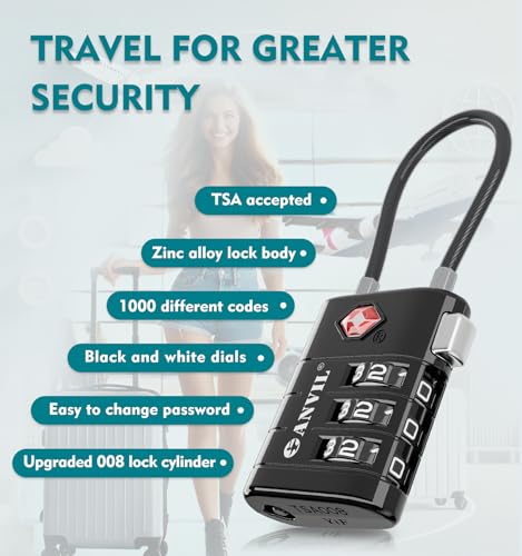 ANVIL TSA Approved Luggage Locks – High Security TSA008 Combination Travel Locks with Inspection Indicator for Suitcases and Backpacks. (2, Black)