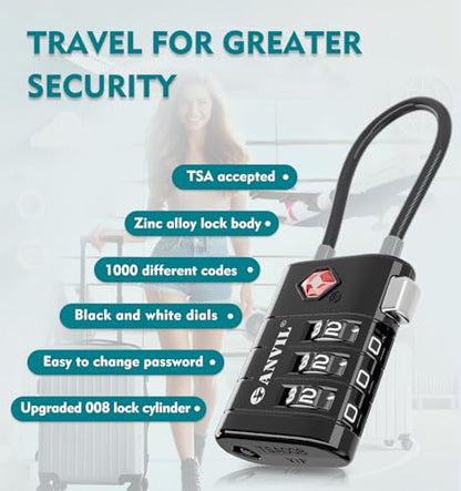 ANVIL TSA Approved Luggage Locks – High Security TSA008 Combination Travel Locks with Inspection Indicator for Suitcases and Backpacks. (2, Black)