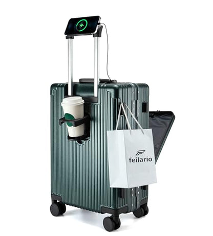 feilario PC Hardside Carry On Luggage, Aluminum Frame, TSA Lock, Cup Holder - color: A-Forest Green