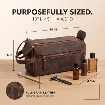 Full Grain Leather Toiletry Bag for Men & Women, Dark Brown - color: Brown