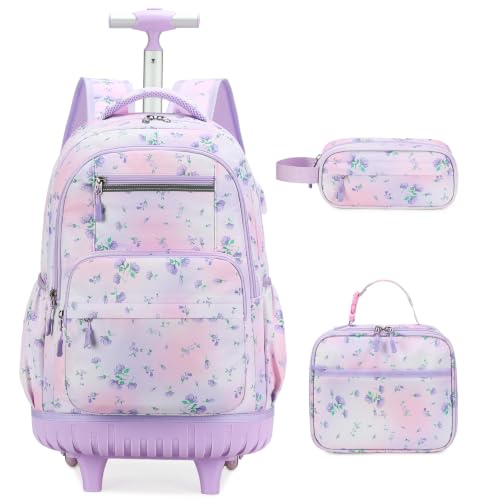 ACESAK Rolling Backpack for Girls with Lunch Bag & Pencil Pouch - color: Purple Floral