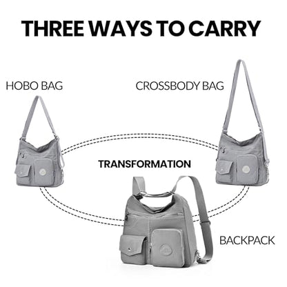 Hobo Purse for Women, Nylon Crossbody Shoulder Handbag Convertible Backpack - color: Grey