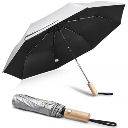 G4Free Windproof Travel Umbrella with Large Wooden Handle 46" Canopy - color: Silver/Black