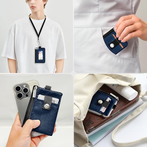 Minimalist RFID Blocking Small Wallet with ID Window,WaterResistant Zip Id Case Wallet with Lanyard Keychain for Cards,Cash,Travel,Women,Men (Dark blue) - color: Dark blue