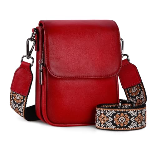 HESHE Small Leather Crossbody Bag for Women RFID Phone Purse with Card Slot - color: Red