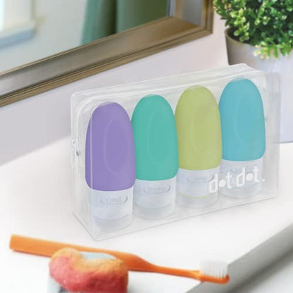 Dot&Dot Leak Proof Travel Bottles - Tubes for Liquid TSA Approved 1oz Silicone Toiletries Travel Shampoo & Conditioner Containers with Labels - color: 4pc 1.25 oz - Purple/Green/Yellow/Blue