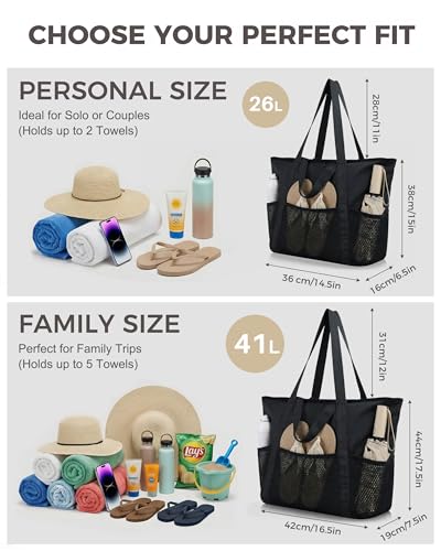 HOMESPON Beach Bag Large Waterproof Sandproof Tote for Women with Zipper and Mesh Pockets - color: Black, size: Medium