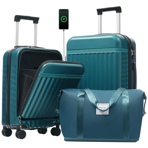 Merax Luggage Sets Front Opening,2 Piece Hardshell Suitcase with Bag - color: Dark Green+bag, style: 2-piece Set
