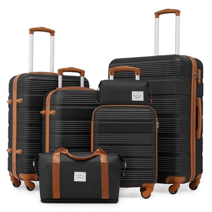 LONG VACATION Luggage Sets with Spinner Wheels, Suitcase Set 6 Piece - color: BLACK-BROWN, size: 6 piece set