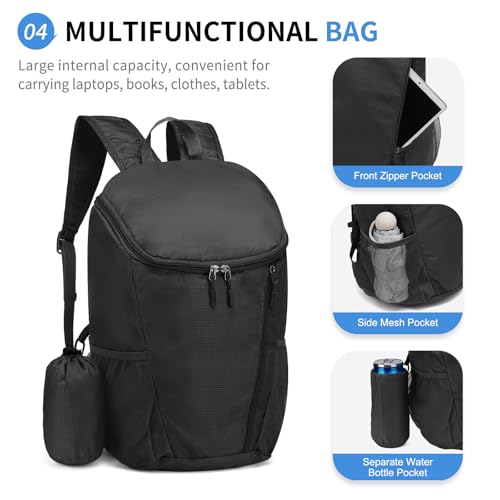 Hiking Backpack 20L Foldable Daypack for Men Women Nylon Black - color: Black