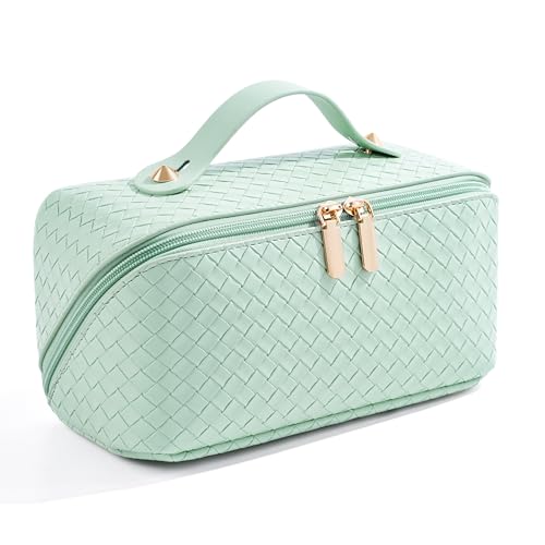 ALEXTINA Travel Makeup Bag, Woven PU Leather Cosmetic Bag, Green - color: green woven, size: Medium