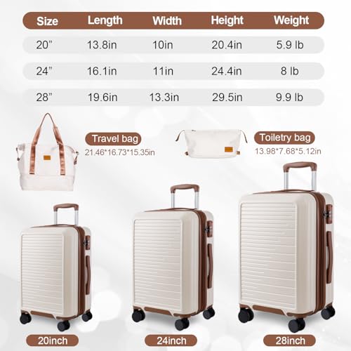 OUZZO Expandable Luggage Sets 5 Piece PC Hardshell Lightweight 20/24/28‘’ - color: white, size: 3 Piece Set-20"/24"/28"