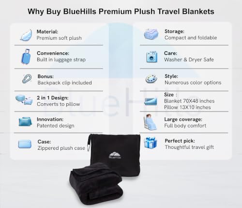 BlueHills Premium Soft Long Travel Blanket Pillow Airplane Flight - Black - color: Black-long-t054
