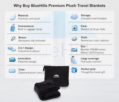 BlueHills Premium Soft Long Travel Blanket Pillow Airplane Flight - Black - color: Black-long-t054