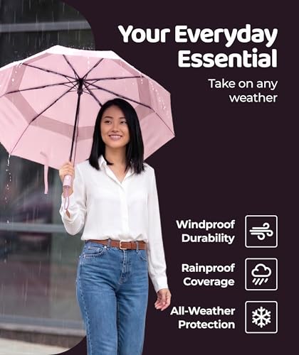 Windproof Travel Umbrella - Compact & Withstands Winds up to 100MPH, Strongest Premium Auto Folding Umbrella for Rain and Sun - Durable, Light & Portable for Women & Men, Fits Backpack & Cars - color: Pastel Pink 1-Pack