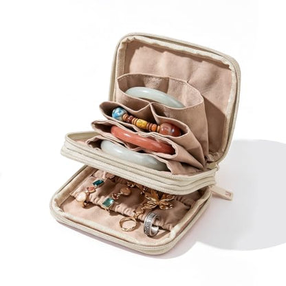 Double-Layer Travel Jewelry Pouch for Bangle, Necklaces, Rings (Beige) - color: Beige