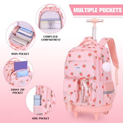 ACESAK Rolling Backpack for Girls with Lunch Box Pencil Case - color: Pink Strawberry