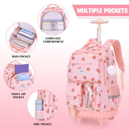 ACESAK Rolling Backpack for Girls with Lunch Box Pencil Case - color: Pink Strawberry