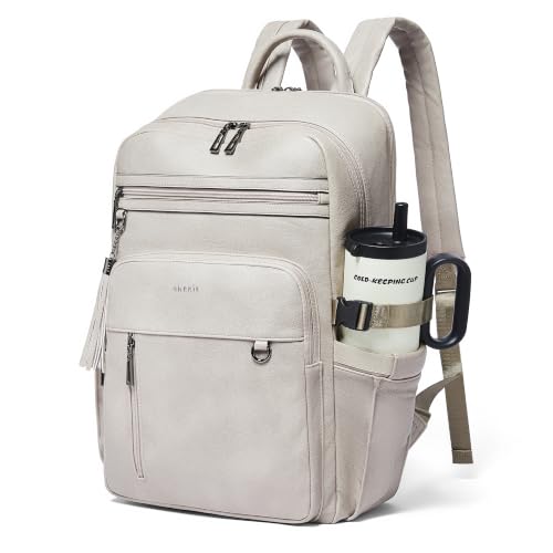 Shrrie 17 Inch Leather Laptop Backpack for Women with Giant Tumbler Holders - color: Ash Gray