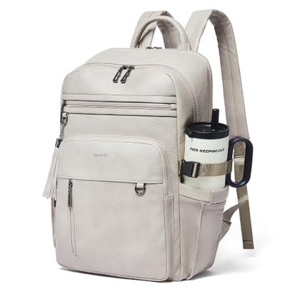 Shrrie 17 Inch Leather Laptop Backpack for Women with Giant Tumbler Holders - color: Ash Gray