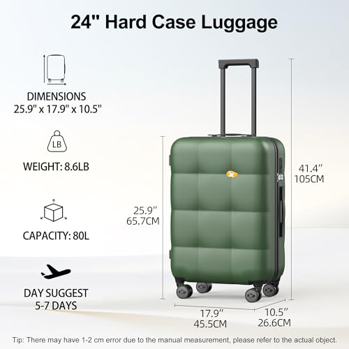 MGB 24 inch Luggage with Spinner Wheels TSA Travel Suitcase, Dark Green - color: Dark Green, size: Checked 24 Inch