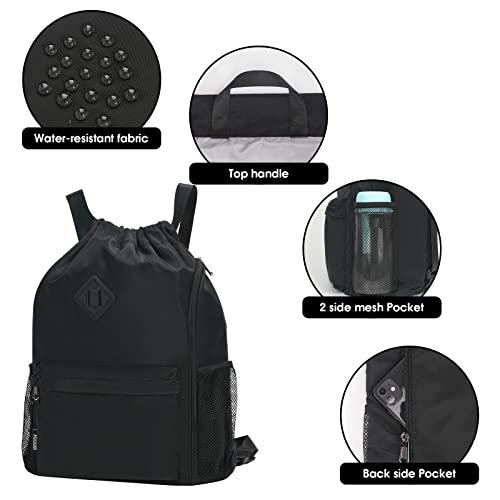 WANDF Drawstring Backpack with Shoe Compartment, Sports Gym Bag - color: L, Black, size: Large
