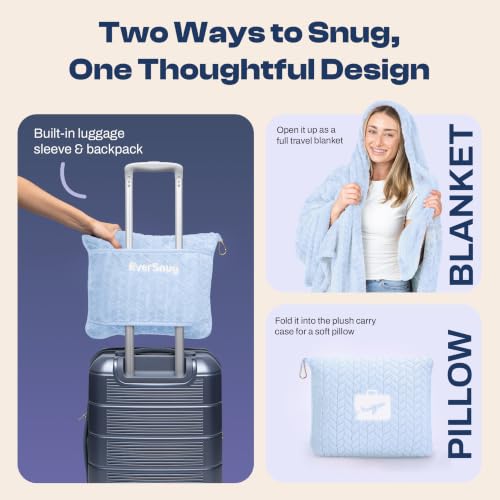 EverSnug Travel Blanket & Pillow 68x42 - Premium Ultra-Soft Microfleece 2 in 1 Compact & Packable Flight Blanket with Soft Bag Pillowcase, Hand Luggage Sleeve and Backpack Clip (Ice Blue) - color: Ice Blue
