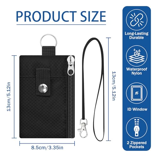 Small Neck Wallet, Water Resistant Lightweight Badge Holder with ID Window & Lanyard, Versatile Nylon Zipper Neck Pouch for Men Women Cash Cards Keys, Black