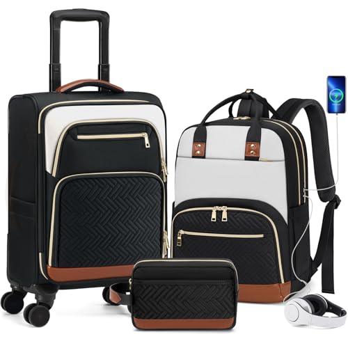 RAINSMORE Carry On Luggage with wheels, Softside Suitcases Set 3 Piece - color: Black-White-Brown