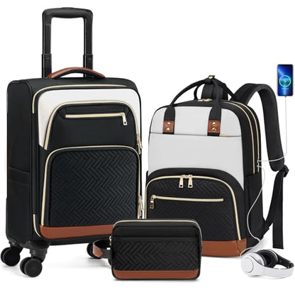RAINSMORE Carry On Luggage with wheels, Softside Suitcases Set 3 Piece - color: Black-White-Brown