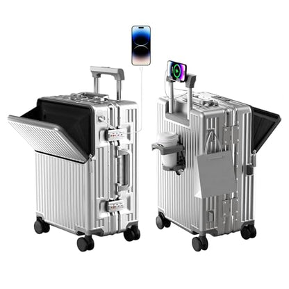 Carry on suitcase Zipperless Luggage,Polycarbonate Aluminum Hard Shell, Expandable Carry-On Suitcase with Spinner Wheels, 24 Inch Cabin - color: silver, size: 24 inch