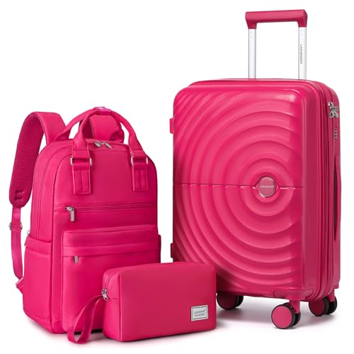 LARVENDER Expandable Carry On 3 Piece Luggage Set with Backpack 20 Inch - color: Rose Red, style: 3 Piece Sets