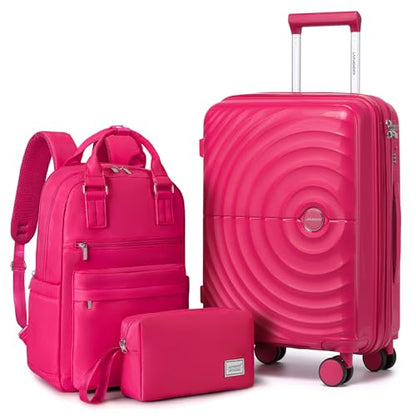 LARVENDER Expandable Carry On 3 Piece Luggage Set with Backpack 20 Inch - color: Rose Red, style: 3 Piece Sets