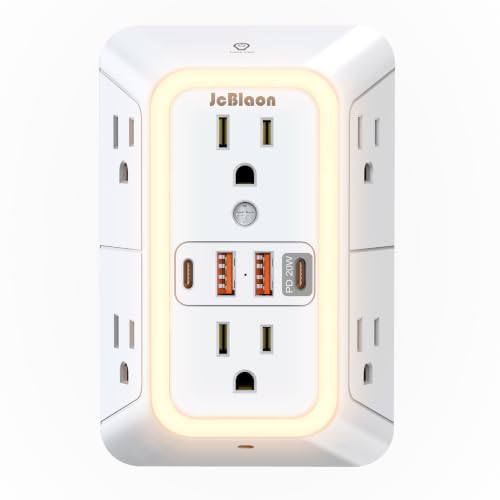 JcBlaon Surge Protector Outlet Extender, 6 Outlet Splitter and 4 USB Ports (PD 20W USB-C) with Night Light, 3 Sided Multi Plug Wall Adapter Power Strip for Home Travel Office-ETL - color: White-20W-1Pcs