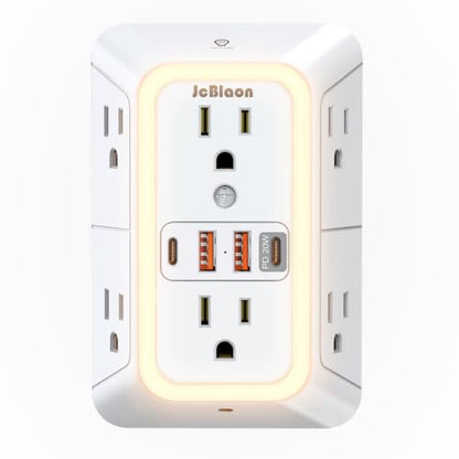 JcBlaon Surge Protector Outlet Extender, 6 Outlet Splitter and 4 USB Ports (PD 20W USB-C) with Night Light, 3 Sided Multi Plug Wall Adapter Power Strip for Home Travel Office-ETL - color: White-20W-1Pcs