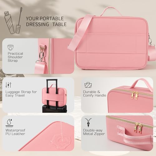 15''X11'' Large Makeup Bag with Removable Lighted Mirror, PU Leather - color: Pink-Removable Mirror
