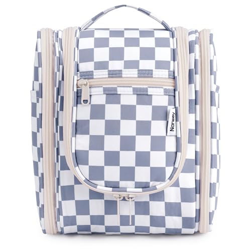 Narwey Hanging Travel Toiletry Bag for Women, Makeup Cosmetic Bag - color: C-Grayish Blue Checkerboard, size: Medium