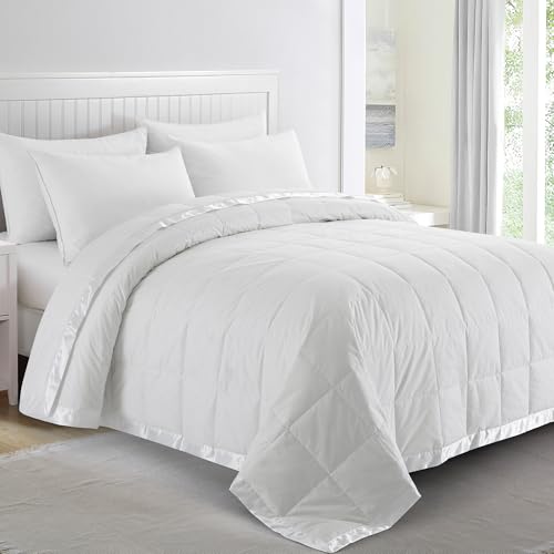 puredown® Blankets Queen Size - Soft Lightweight Down Blanket for Bed, Cozy Warm Luxury Bed Blanket with Satin Trim, White (90"X90") - color: 01 White, size: Full/Queen