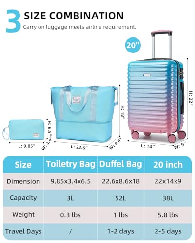 LARVENDER Expandable Carry on Luggage Suitcase with Wheels, Cotton Candy - color: Cotton Candy, size: 3 Piece Set (20/DB/TB)