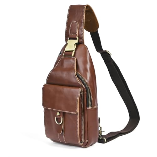 Genuine Leather Hiking Travel DayPack Sling Crossbody Triangle Chest Pack Bag For Men Women 8241 (E-Coffee 1) - color: E-coffee 1