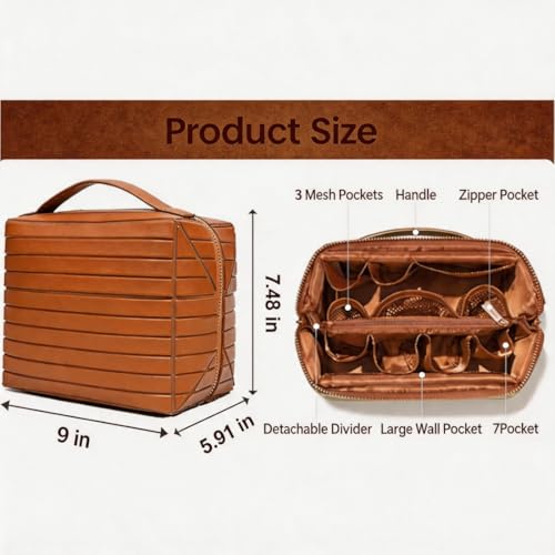 Travel Makeup Bag for Women - Large Capacity Waterproof Cosmetic Organizer with Fold Down & Pull Open Design, Toiletry Bag (Brown)