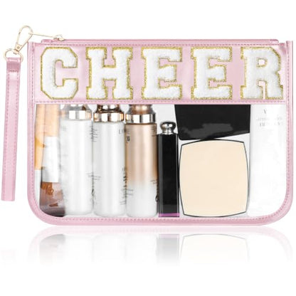 BuyCard Cheer Chenille Letter Bags Clear Makeup Bag, Cheerleader Gifts Cosmetic Bag, Varsity Preppy Patch Flat Pouch Cheer Accessories, Waterproof PVC Organizer Toiletry Bag for Women Girls Mint Pink - color: Pink-Cheer